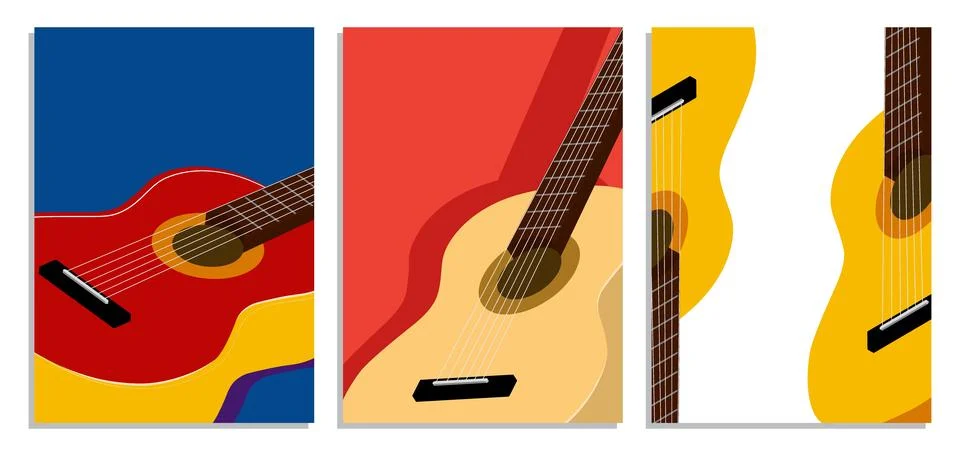 Three dimensional classical six string guitar vertical poster A4 set. Guita.. Illustrazione stock