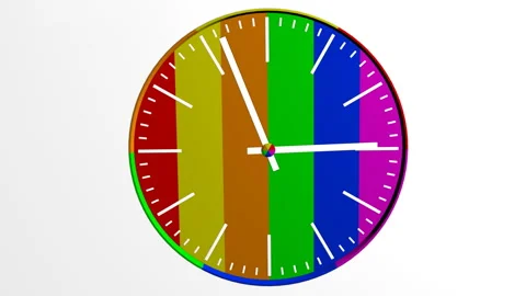 Three-dimensional clock with a rainbow dial and rotating arrows on a white backg Video stock 144069459