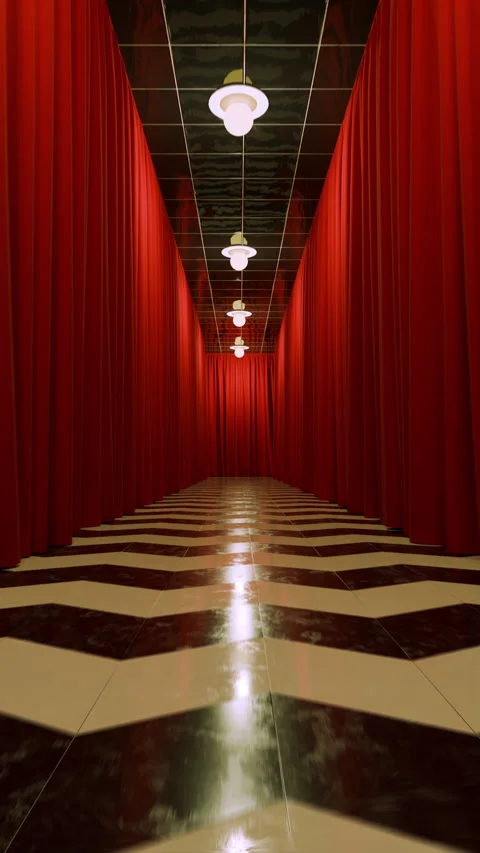 Three-dimensional corridor with flowing red curtains. Vertical video. Stock Footage 329015237