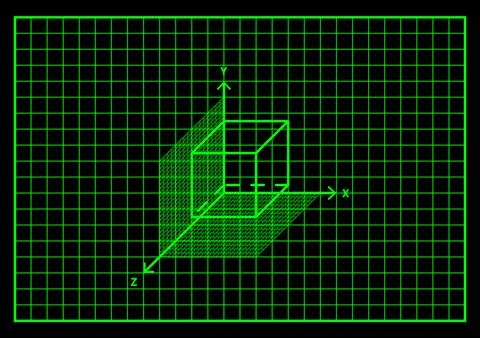 Three dimensional cube geometry projection grid neon green background black Illustrazione stock