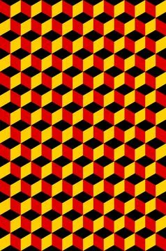 Three dimensional cube pattern in black, red, and gold tones, inspired by G.. Stock Illustration