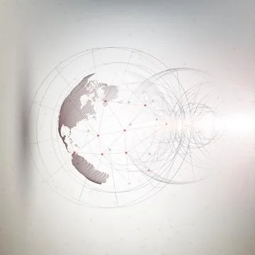 Three-dimensional dotted world globe with abstract construction and molecules on Stock Illustration