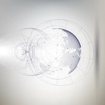 Three-dimensional dotted world globe with abstract construction and molecules on Illustrazione stock
