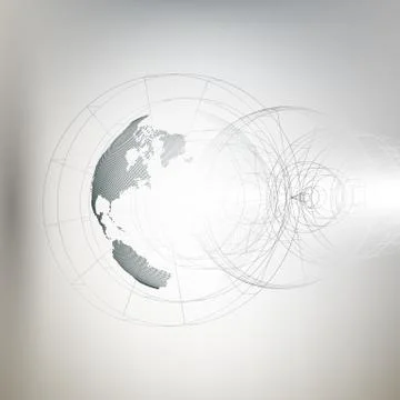 Three-dimensional dotted world globe with abstract construction on gray Stock Illustration