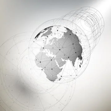 Three-dimensional dotted world globe with abstract construction and molecules on Stock Illustration