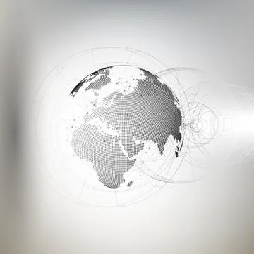 Three-dimensional dotted world globe with abstract construction and molecules on Stock Illustration