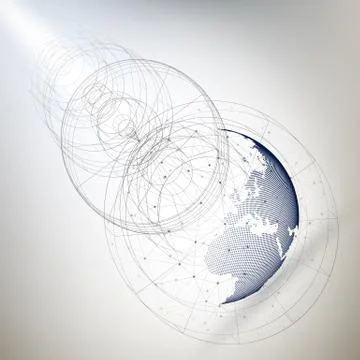 Three-dimensional dotted world globe with abstract construction and molecules Stock Illustration