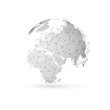 Three-dimensional dotted world globe with abstract construction and molecules on Stock Illustration