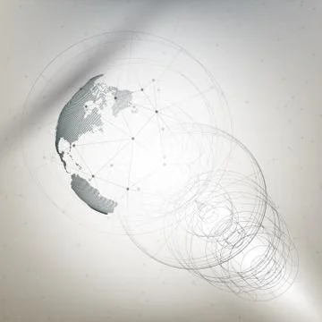 Three-dimensional dotted world globe with abstract construction and molecules on Illustrazione stock