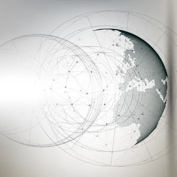 Three-dimensional dotted world globe with abstract construction and molecules on Stock Illustration