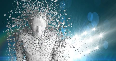 Three dimensional effect of white male cyborg avatar pixelated with illuminated Foto stock
