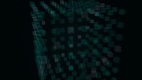 A three dimensional geometric cube composed of smaller glowing teal translu.. Stock Footage 347464909