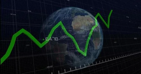 Three-dimensional globe floating on dark grid, with red circles, numeric labels, Stock Illustration