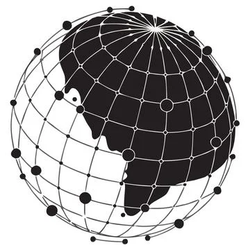 Three dimensional globe icon featuring connected network nodes and silhouet.. Stock Illustration