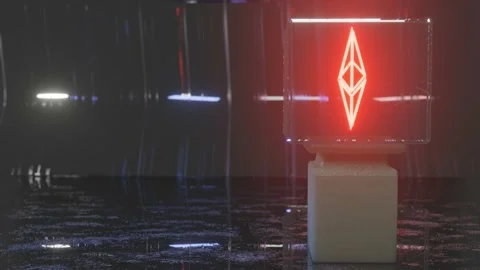 Three-dimensional glowing sivol of the Ethereum cryptocurrency slowly rotates in Stock Footage 152909358