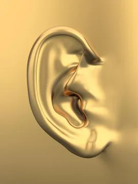 Three dimensional golden metallic human ear. 3d Stock Illustration