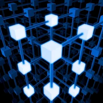 Three-dimensional grid structure made of blue and white cubes and rods, 3d il Illustrazione stock