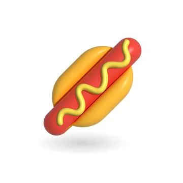Three dimensional hot dog with mustard. 3d rendered illustration minimal re.. Stock Illustration