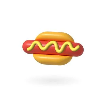 Three dimensional hot dog with mustard. 3d rendered illustration minimal re.. Stock Illustration
