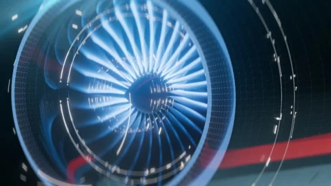 Three-dimensional jet engine hologram with aerospace telemetry interface Stock Footage 348411621
