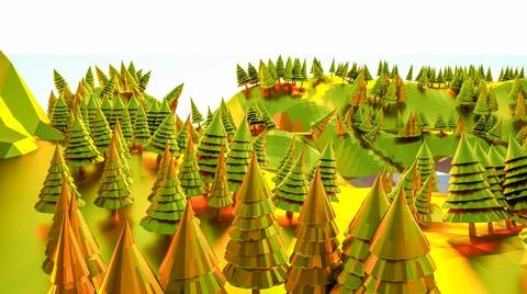 Three-dimensional low poly golden landscape. trees and mountains. 3d render i Stock Illustration