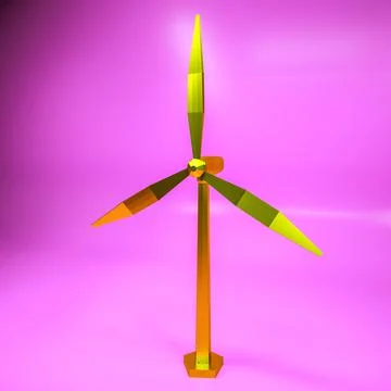 Three-dimensional low poly model of a golden wind generator on a purple backg Stock Illustration