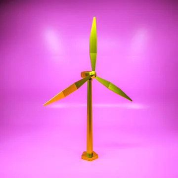 Three-dimensional low poly model of a golden wind generator on a purple backg Illustrazione stock