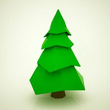 Three-dimensional low poly model of a green Christmas tree on a white backgro Stock Illustration