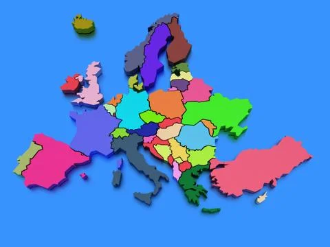 Three-dimensional map of Europe on blue isolated background Stock Illustration