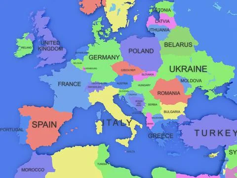 Three-dimensional map of Europe on blue isolated background Stock Illustration