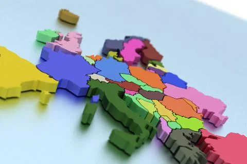 Three-dimensional map of Europe in bright colors isolated background Stock Illustration