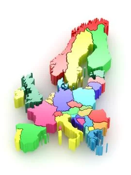 Three-dimensional map of europe on white isolated background. 3d Stock Illustration