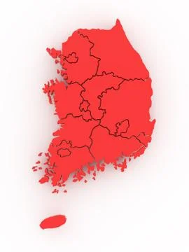 Three-dimensional map of southern korea on white isolated background. 3d Stock Illustration