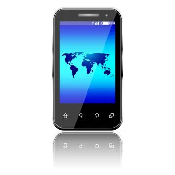 Three dimensional mobile phone and world map Illustrazione stock