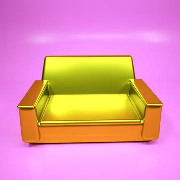 Three-dimensional model of a gold sofa on a purple background. 3d render illu Ilustração Stock