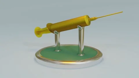 A three-dimensional model of a golden disposable syringe on an exhibition stand  Видео 155172616