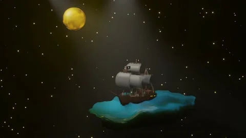 Three-dimensional model of a pirate sailboat swinging on a piece of the ocean. n Stock Footage 233063930