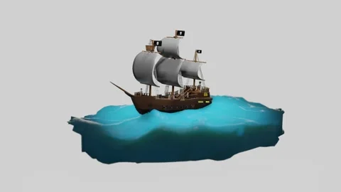 Three-dimensional model of a pirate sailboat swinging on a piece of the ocean. l Stock Footage 233063971