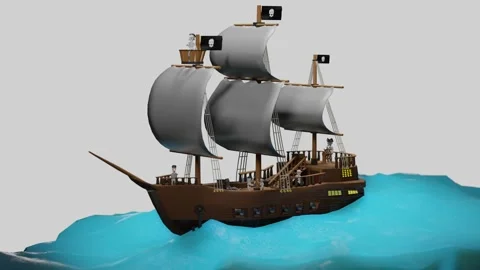 Three-dimensional model of a pirate sailboat swinging on a piece of the ocean. l Stock Footage 233063975