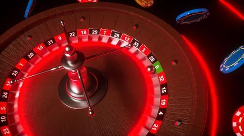 Three-dimensional model of a roulette wheel with chips on a dark background.  Stock Illustration