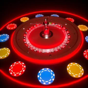 Three-dimensional model of a roulette wheel with chips on a dark background.  Stock Illustration