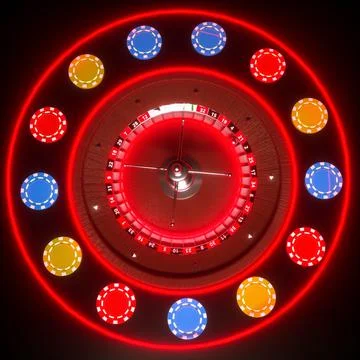 Three-dimensional model of a roulette wheel with chips on a dark background.  Stock Illustration