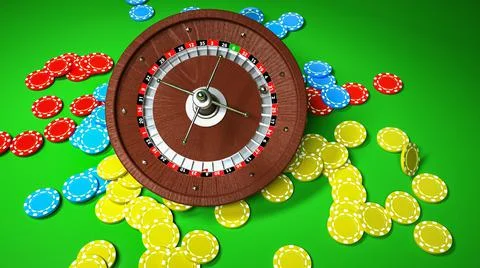 Three-dimensional model of a roulette wheel with chips on a green background. Stock Illustration