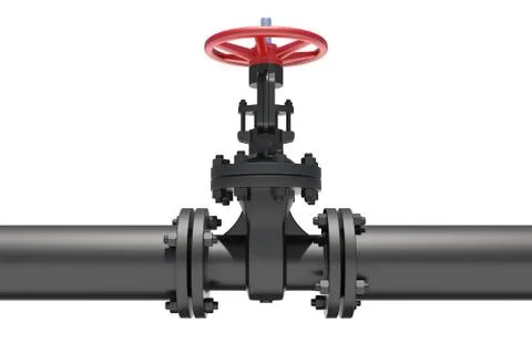 Three-dimensional model of valve connected to pipe flanges Stock Illustration