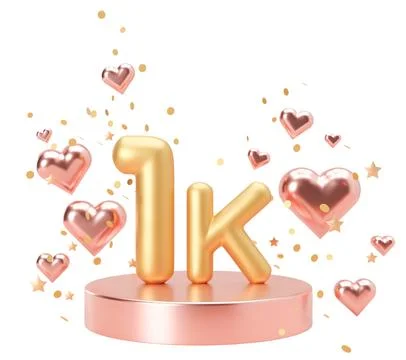 A three dimensional number one thousand stands atop a round base with hearts  Stock Photos