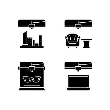 Three dimensional objects production black glyph icons set on white space Stock Illustration