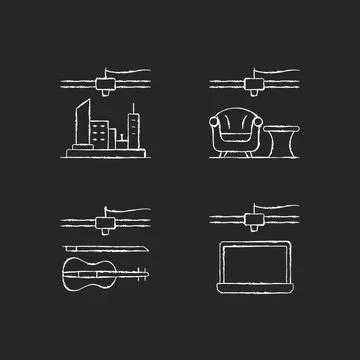 Three dimensional objects production chalk white icons set on dark background Stock Illustration