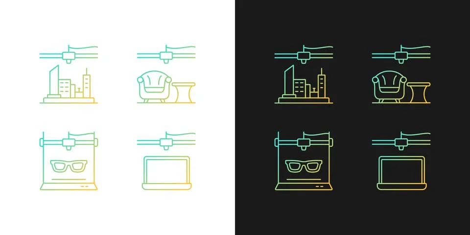 Three dimensional objects production gradient icons set for dark and light mode Stock Illustration