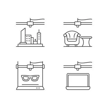 Three dimensional objects production linear icons set Stock Illustration