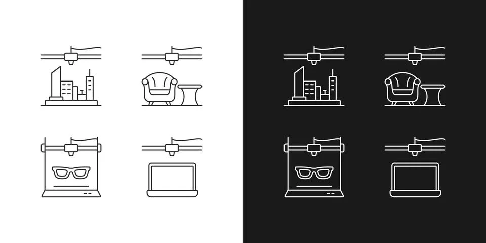 Three dimensional objects production linear icons set for dark and light mode Stock Illustration